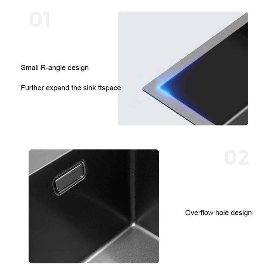 بالوعة المطبخ مع شلال صنبور متعدد الوظائف مفتاح البيانو الأسود نانو Surfuce بالوعة المطبخ 304 بالوعة المطبخ