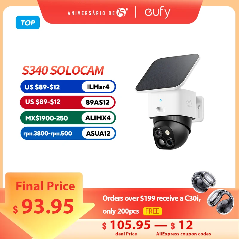 eufy SoloCam S340 태양광 보안 카메라 무선 실외 카메라 360 °   감시 사각지대 없음 2.4GHz Wi-Fi 월 사용료 없음