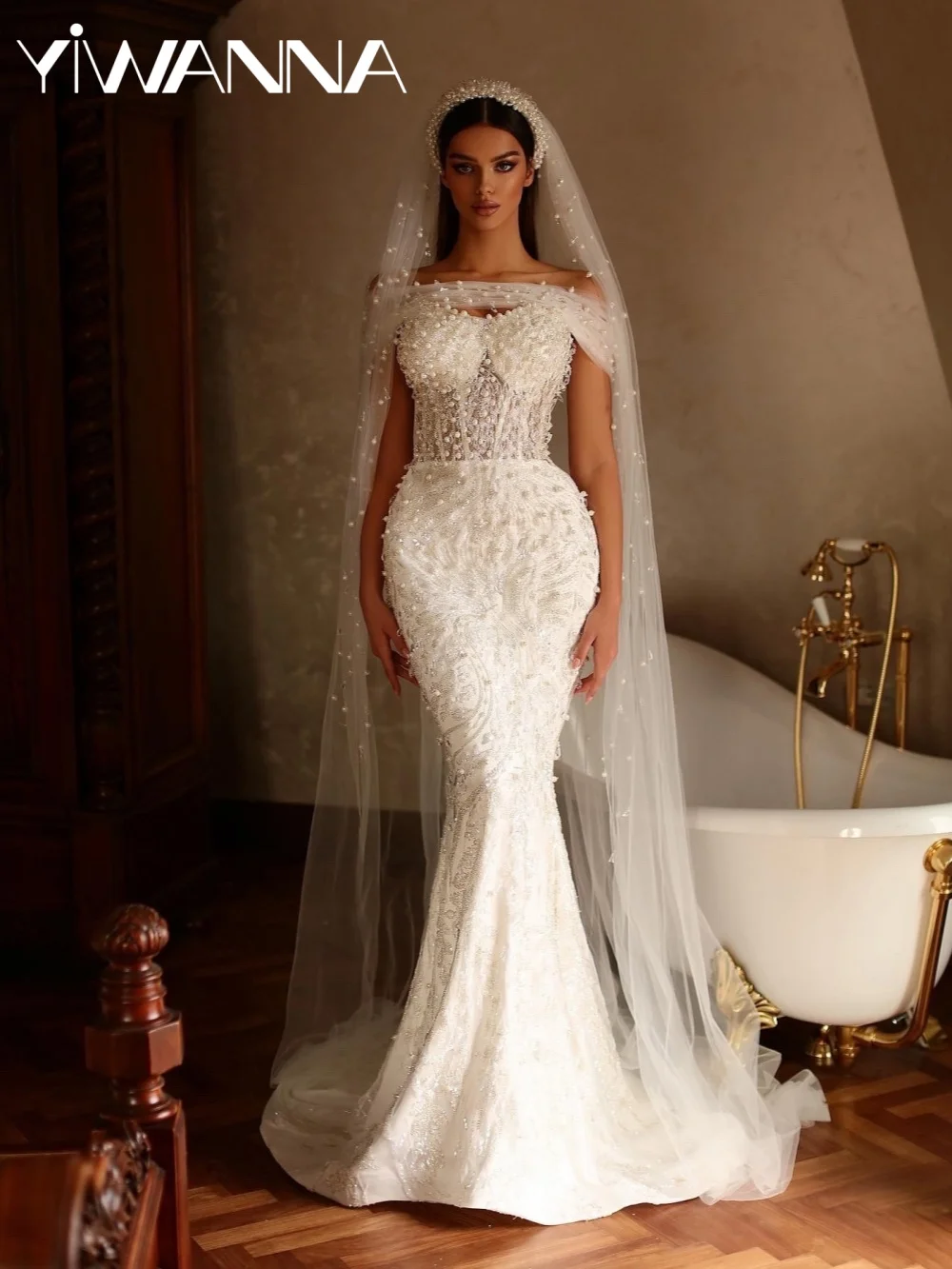 

Gorgeous Pearls Embroidery Wedding Dress Stunning Off Shoulder Mermaid Long Bridal Gown Customized Elegant Dresses For Bride