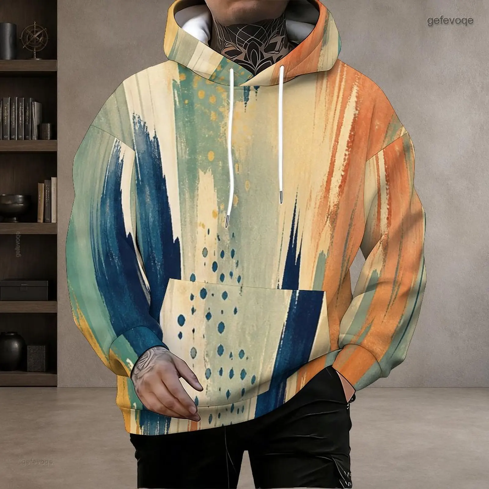 Men Abstract Brush Stroke Printed Long Sleeve Pullover Hoodie with Drawstring Hood Kangaroo Pocket