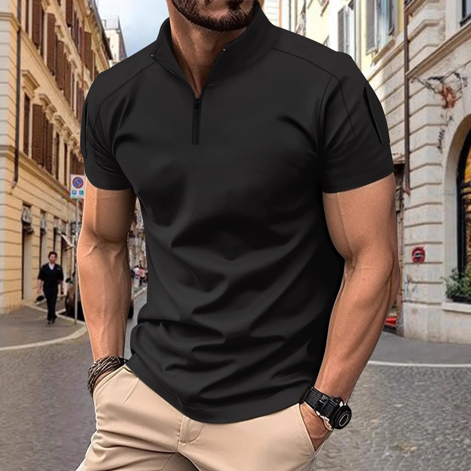 Men's Summer Daily Casual Tactical Training Splicing Arm Pocket Stand-up Collar Solid Color Short Sleeve Polo
