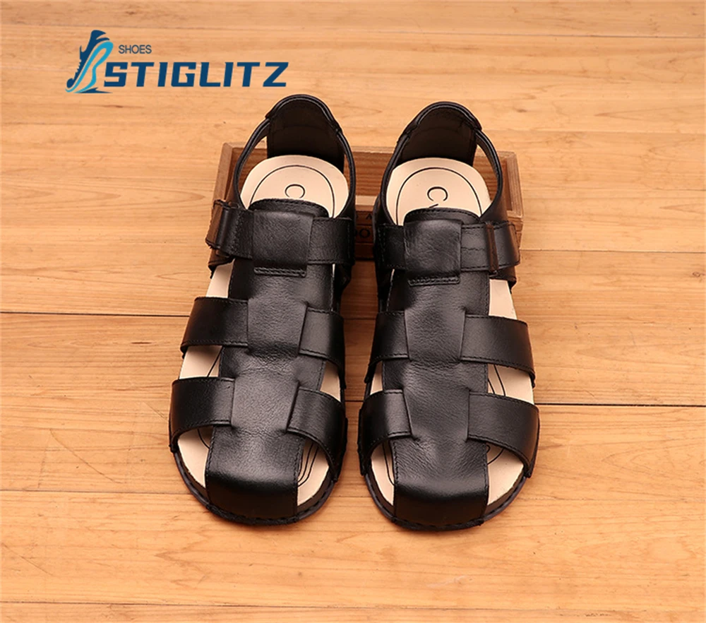 Braided Wide Belt Pig Cage Flats Black Genuine Leather Hollow Simple Casual Shoes Holiday Beach Non-Slip Sandals Roman Sandals