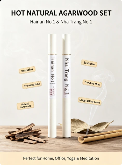 Hot Agarwood Incense Set, Hainan No1 & Nha Trang No.1, Natural Handmade Sticks for Meditation, Home Aromatherapy & Stress Relief