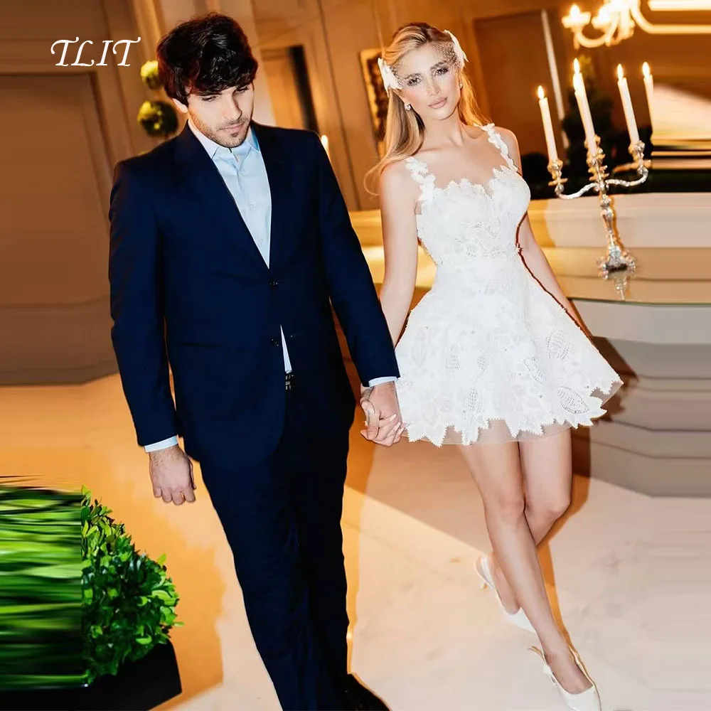 TLIT – robe de mariée trapèze courte, élégante, avec des Appliques blanches, personnalisée, bretelles Spaghetti avec fleurs, dos nu