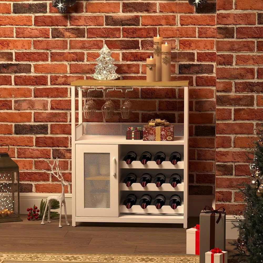 

Винный шкаф-бар, съемная винная полка и место для хранения, буфет с сетчатой дверцей, для кухни, гостиной и бара, белый