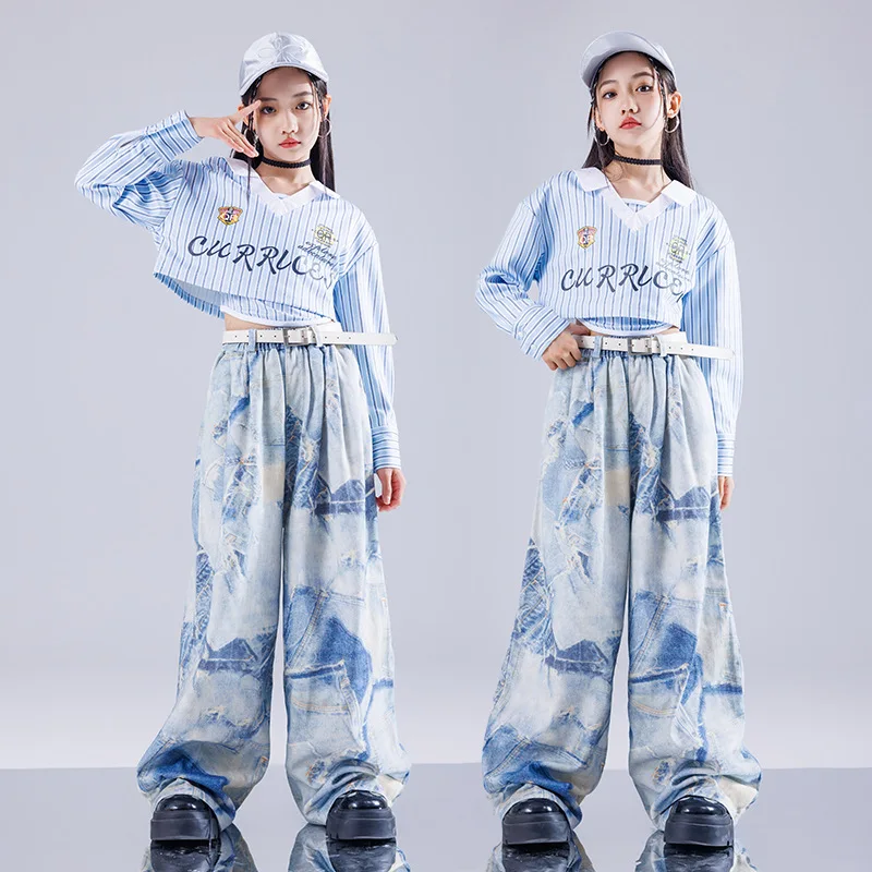 Hip Hop Sets Mädchen K-pop Streifen Blau Crop Top Street Dance Cargo Hosen Tiered Röcke für Kinder Streetwear Kinder Jazz Kostüm