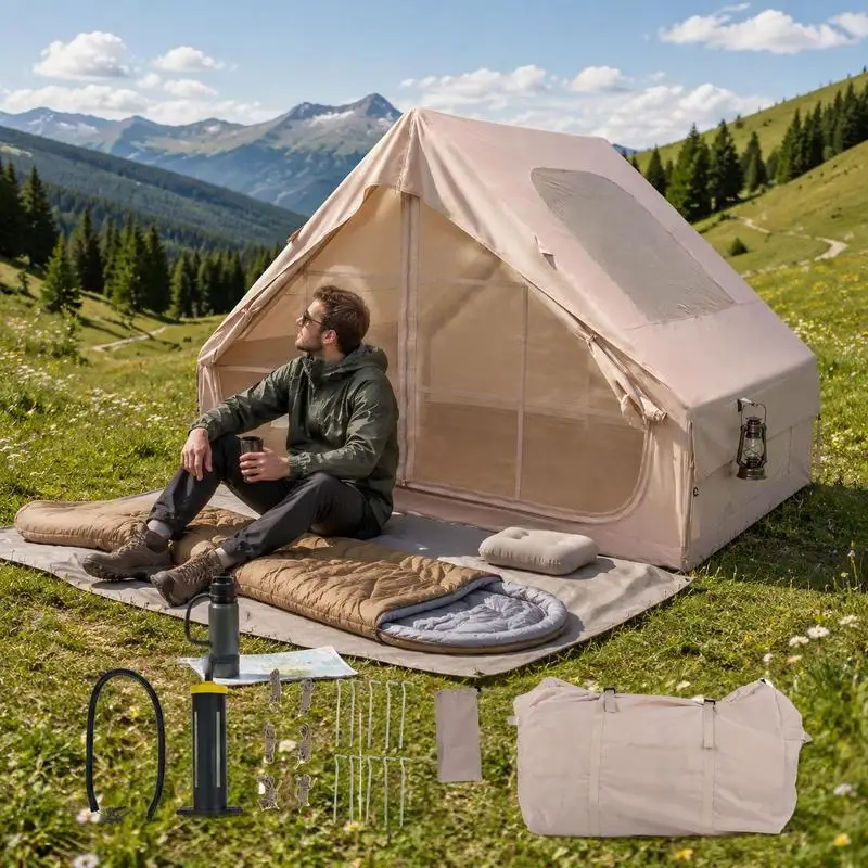 Tente de camping gonflable, tente portable pour 4 personnes avec pompe à air, fenêtre de toit et toit imperméable, 295 x 205 x 200 cm, kaki