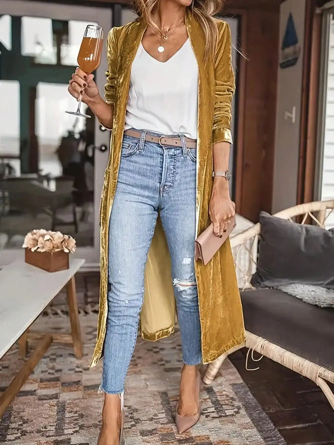 معطف كارديجان طويل مخملي أحمر للنساء، رقبة على شكل حرف V مفتوح من الأمام، كاجوال أنيق لخريف وشتاء