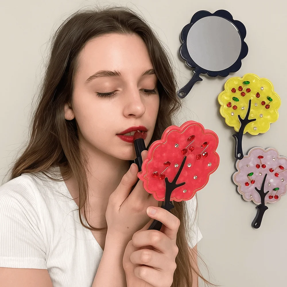 Leuke kersenacetaat make-upspiegel Kleurrijke High Definition Boomvorm Spiegel Cartoon Stofdicht handvat Draagbare spiegel Meisje