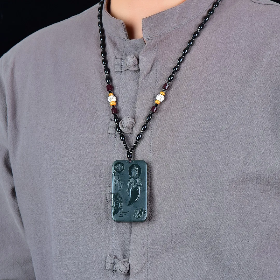 39*70mm Guanyin Bodhisattva Green Jade Double Sided Pendant Necklace Men Women Hetian Jades Avalokitesvara Sweater Chain