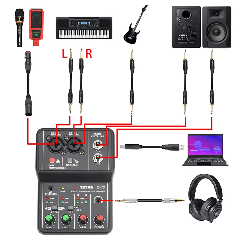 Interfaz de Audio profesional, tarjeta de sonido, ordenador, guitarra eléctrica, grabación en vivo, equipo de Audio para estudio, canto, Q12