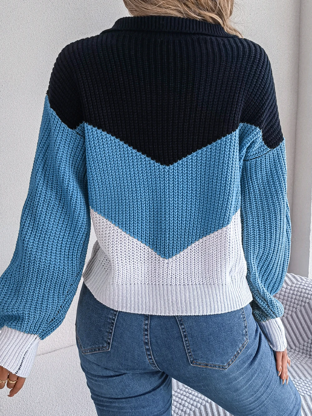 Patchwork Color Lantern Long Sleeve Knitted Sweater Women Casual Pullovers Autumn Winter 2023