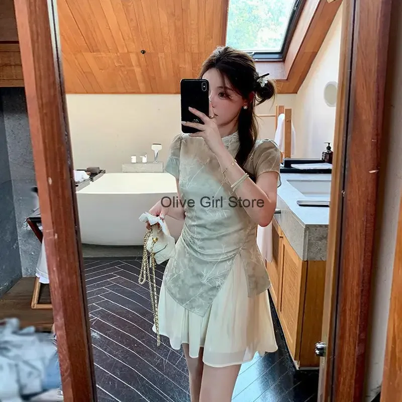 Elegant Qipao Dress Fake Two-piece Short Sleeve A Line Slim Green Summer Dress Improved Irregular Splicing Cheongsam Modern