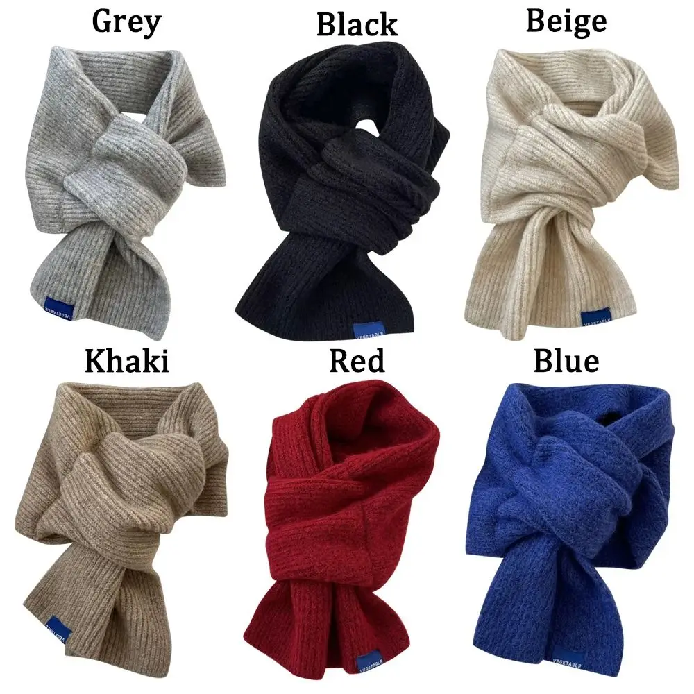 Solid Color Knit Scarf for Women Thicken Outdoor Warm Windproof Short Neckerchief Winter Student Cross Woolen Scarf