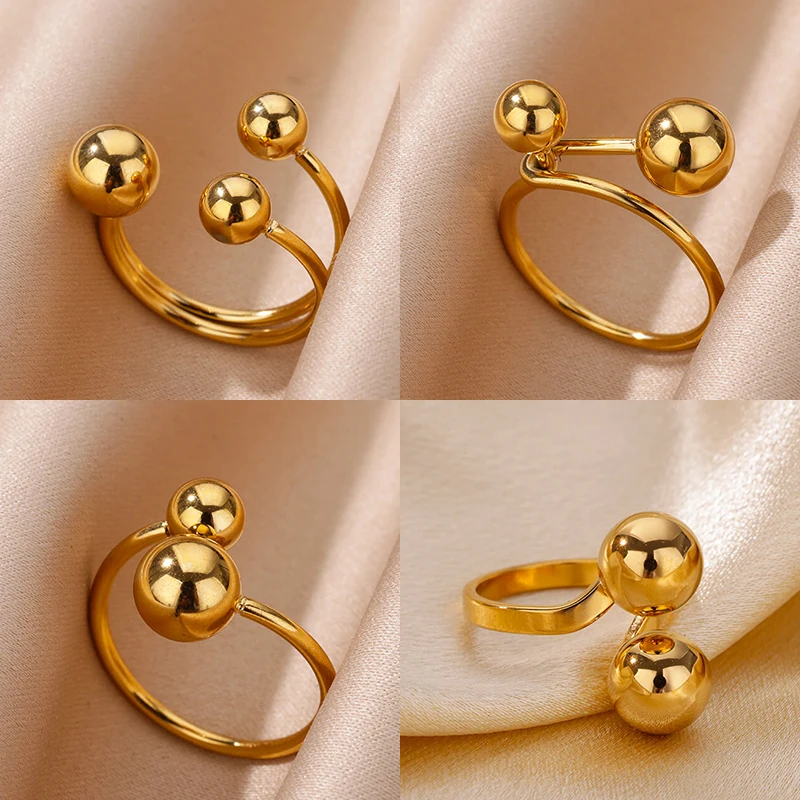 Stainless Steel Bead Ball Rings For Women Men Adjustable Gold Color Stainless Steel Ring Waterproof Exaggerated Jewelry Gift