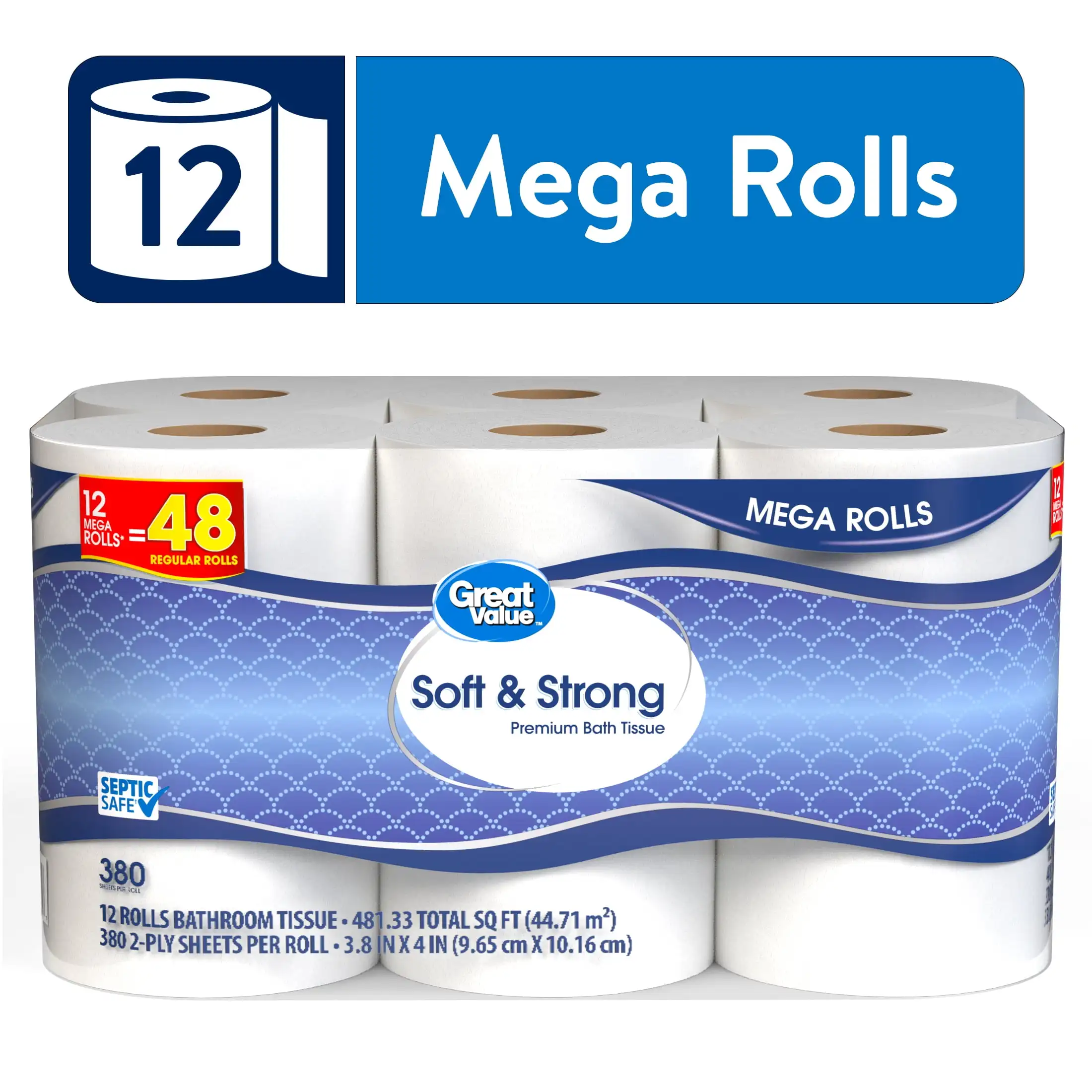 

Soft & Strong Premium Toilet Paper, 12 Mega Rolls