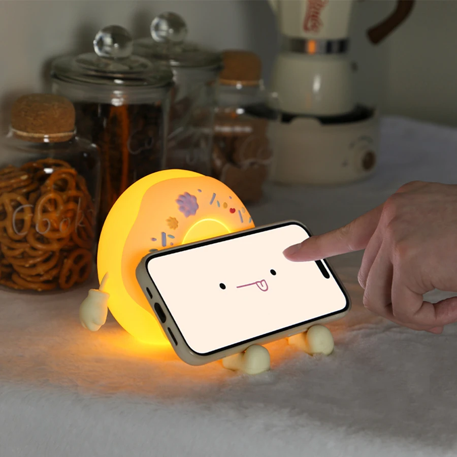 Donut Led Night Light Cartoon Silicone Table Lamp Phone Holder Baby Kids Bedroom Decoration Nursery Christmas Birthday Gifts