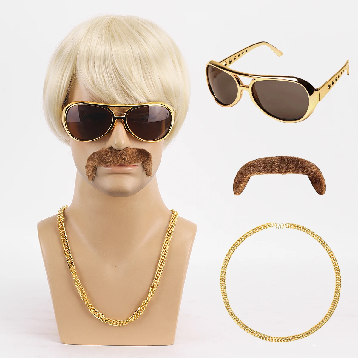 Men's yellow synthetic wig 4-piece set (wig+glasses+necklace+beard) 70s disco joystick synthetic wig suitable for Halloween and