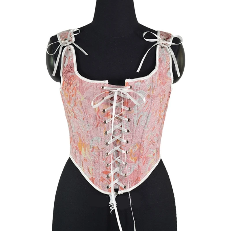 Vintage Corset Vest Tops for Women Sexy Costume Waist Vest Sexy Body Shaper Jacquard Corset Ribbon Vest