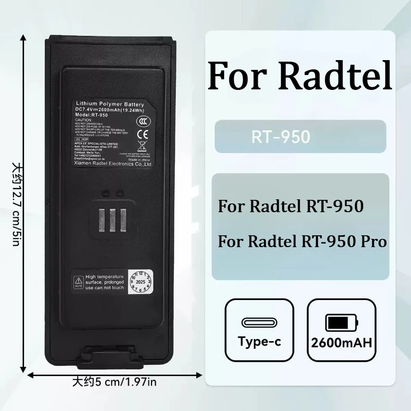 New RT-950 7.4V 2600mAh Li-ion Walkie Talkie Battery for Radtel RT-950 RT-950Pro Two Way Ham Radio Replacement Battery