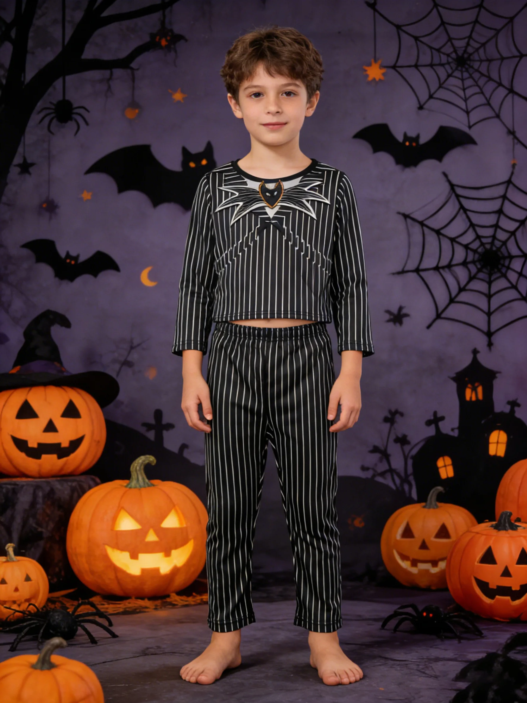 

A Set of Boys' Clothing: One Top + One Pair of Pants, the Whole Outfit Features Black and White Vertical Stripes, This Outfit Is Suitable for Halloween, Themed Parties, and Other Occasions