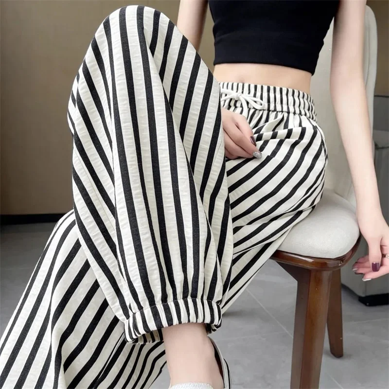 2026 New Summer Fashion Casual Striped Pants Women Korean Elastic High Waist Ankle-length Pants Thin Quick-drying Pantalons