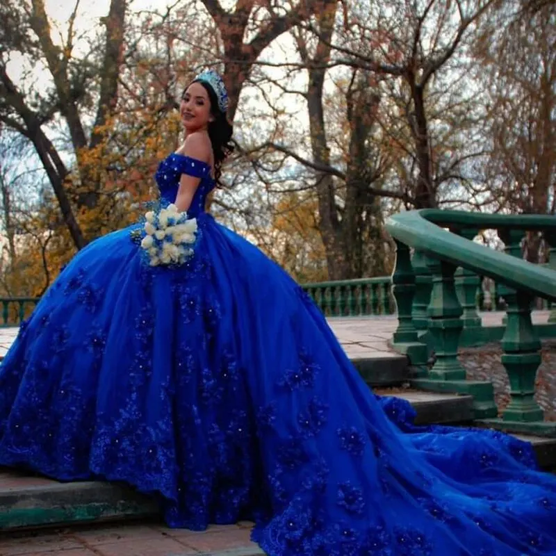 Vestidos de quinceañera azul real, apliques de flores 3D de cristal de lujo, corsé de fiesta de cumpleaños de princesa con cuentas personalizado