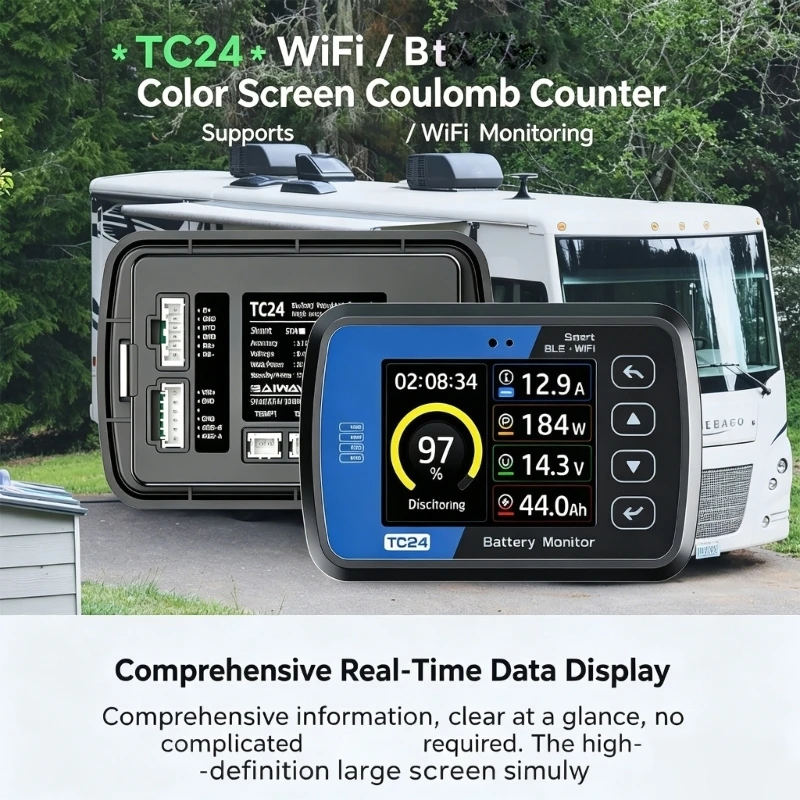 

TC24 Color Screen Battery Coulomb Meter With Real Time Voltages Current Power SOC Display For Solar System F19E