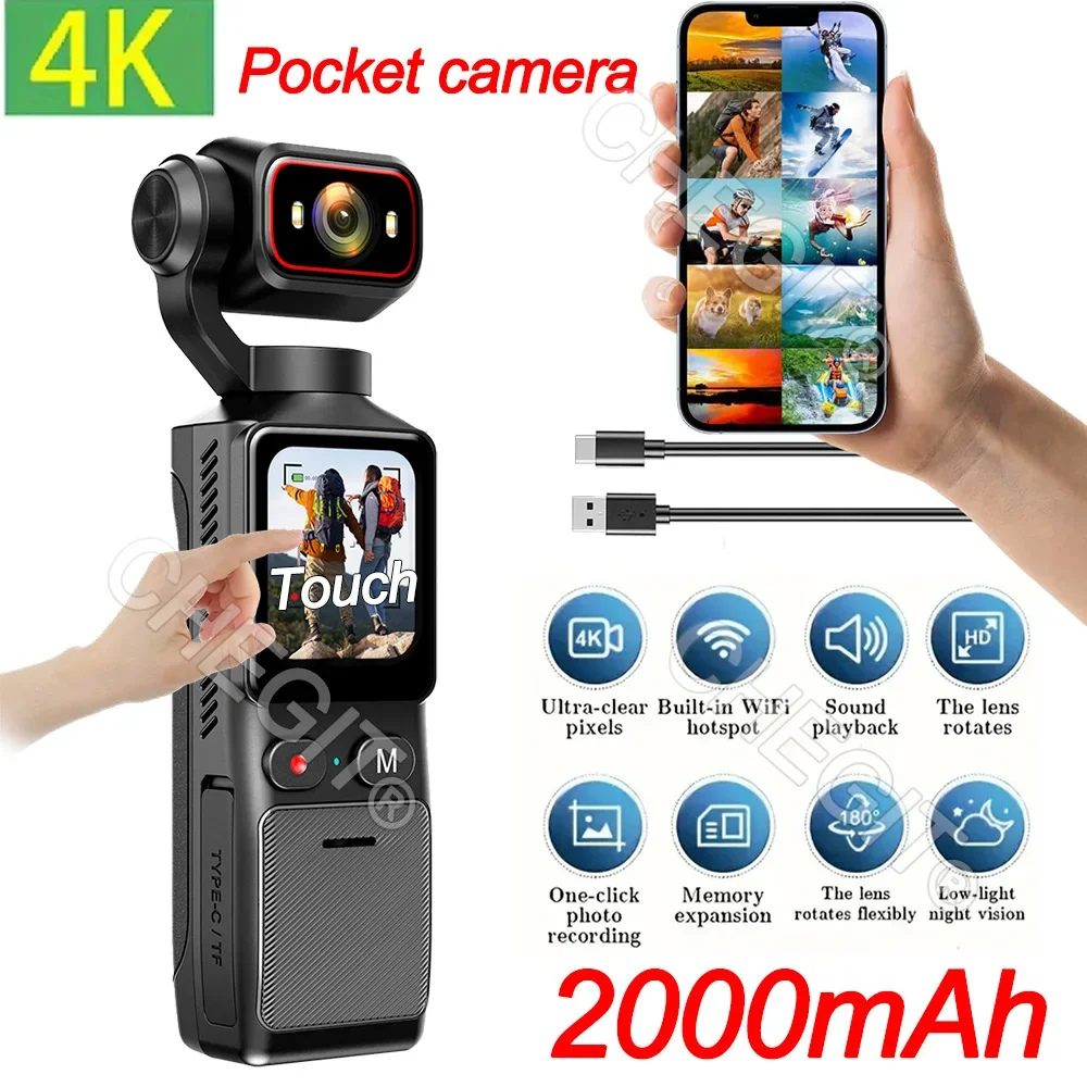 

NEW 4K Touch Screen Portable MINI Vlog Camera Pocket Sports Camera with Gimbal Handheld Stabilizer Body Camera Video Recording