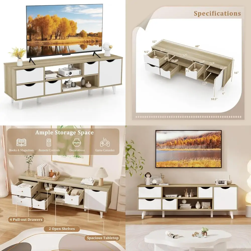 

Mid Century Modern White TV Console Table with Storage, 4 Drawers and 2 Open Shelves for Home Living