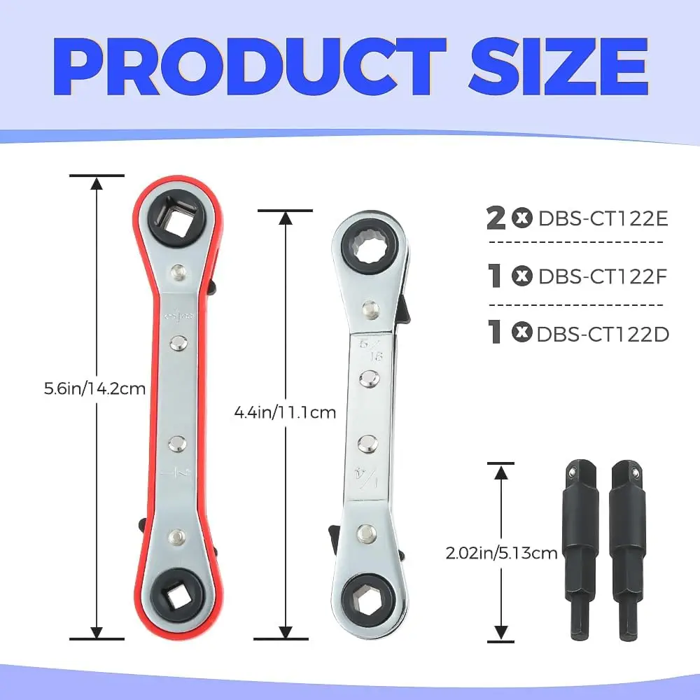 HVAC Service Wrench 2 Ratchet Curved Wrench Tool W/ 2 Hex Bit Adapter 3/16