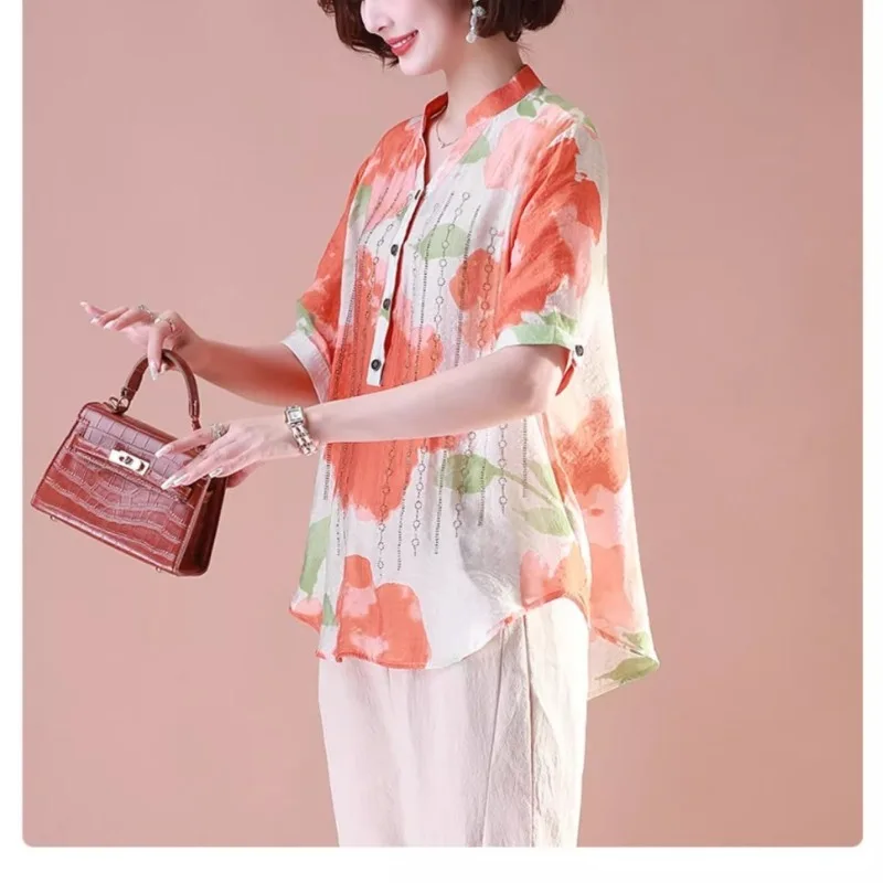 Vintage Ethnic Style Summer Women's V-Neck Printed Stand Collar Diamonds Single Breasted Fashion Loose Casual Shirts Tops