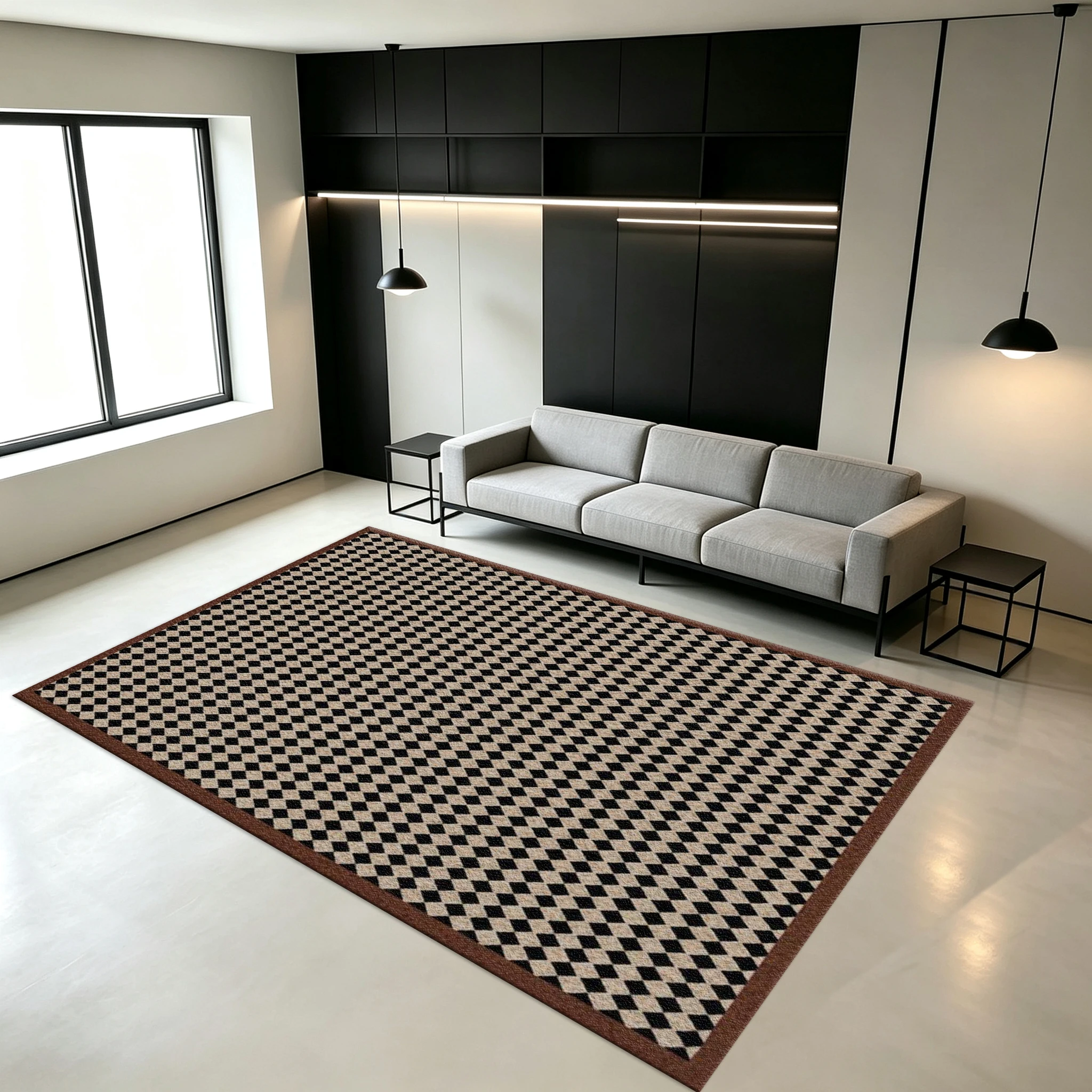 Classic Black and Beige Checkered Carpet, Vintage Square Rug, Soft Non-Slip Decorative Floor Mat Suitable for Entryway and Living Room