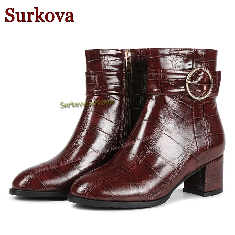 Reddish Brown Stone Pattern Genuine Leather Short Boots Round Head Thick Heel Belt Buckle Fashion Boots Casual Women'S Boots 47