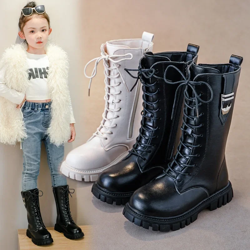 Zip Kids Knee High Non-Slip Plush Long Snow Boots for Girls High Leather Boots Winter Fashion Sports Boot Princess Shoes