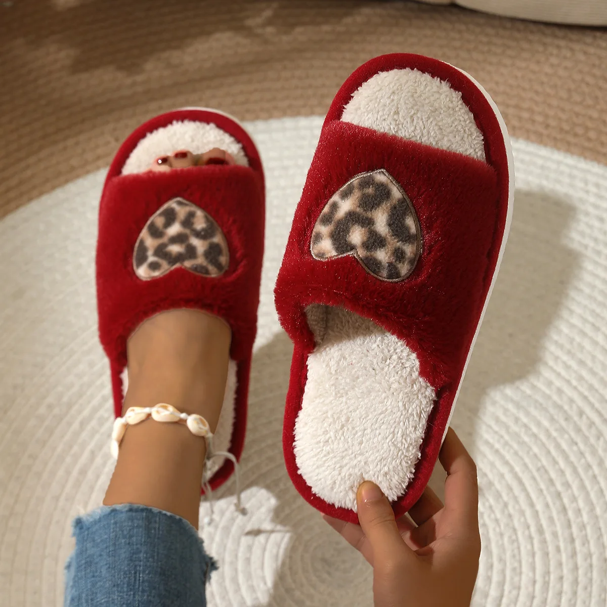 YNPO 2026 New Sexy Leopard Heart Home Cotton Slippers Women Autumn Winter Soft Sole Open Toe Plush Shoes Woman  Warm Fur Slides