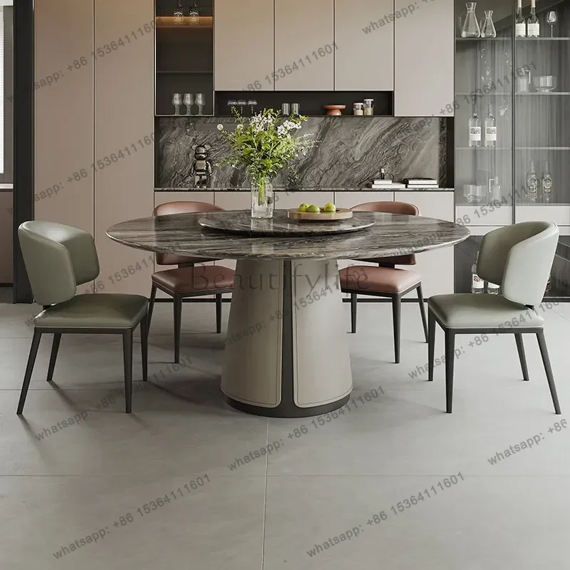 Luxury Round Marble Eating Furnish Center Tray Dining Desk Full Leather Wrapped Cone Base