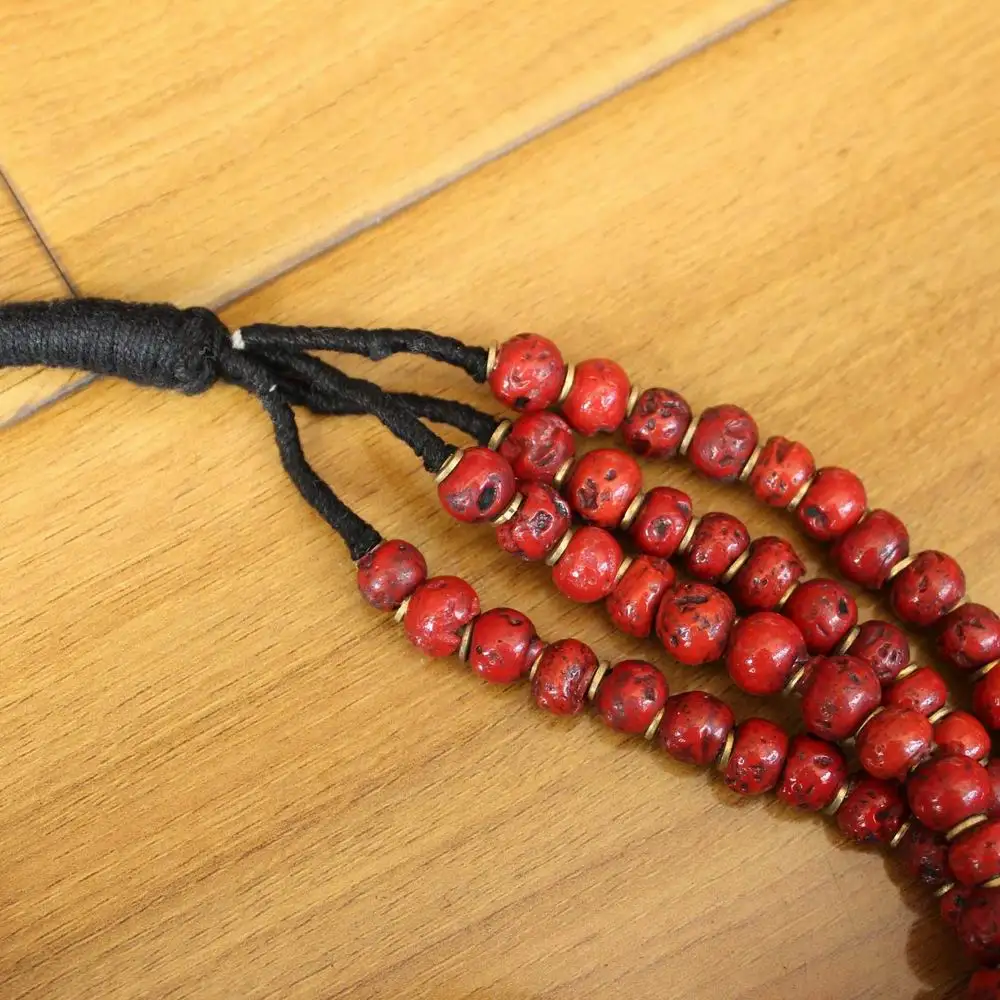 NK256 Ethnic Tibetan Jewelry 4 Rows Brass Metal 10mm Red Glass Beaded Necklace For Women