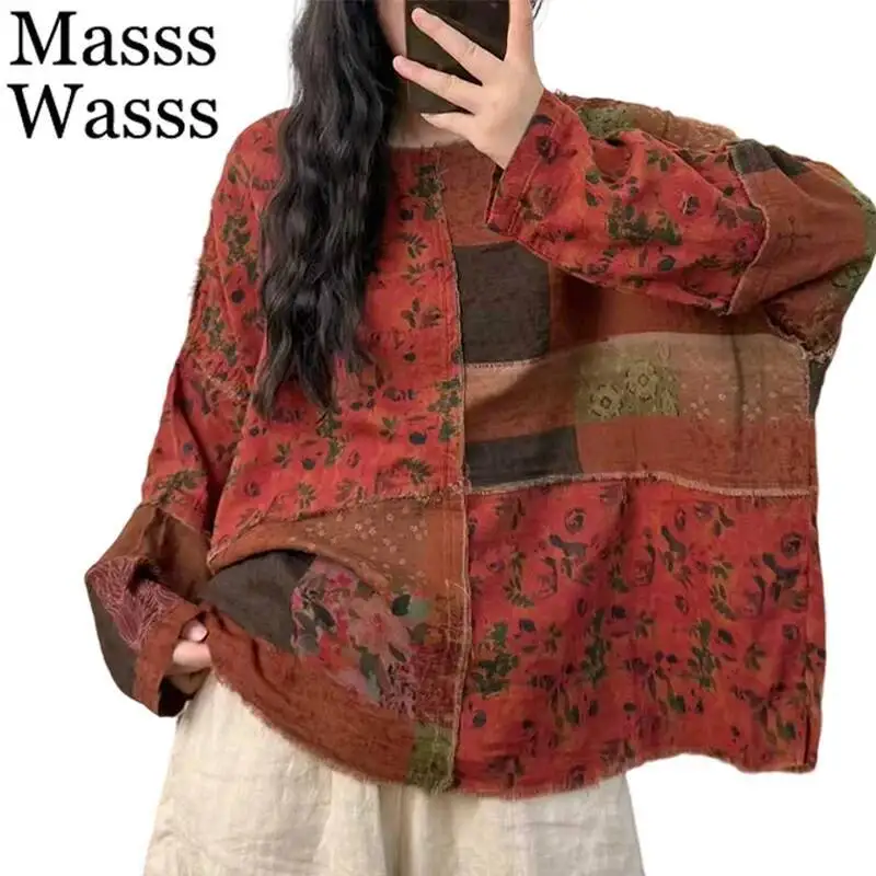 

Masss Wasss Autumn Chinese Vintage Tops Womens Fashion Printed Oversized T-shirts Ladies Loose Patchwork O Neck Casual Clothes