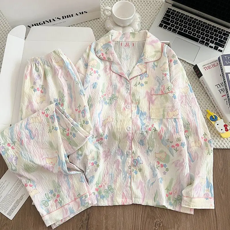 Women's Pajama Set Long Sleeve Full Length Pants 2 Piece Sleepwear Pyjamas Cartoon Floral Print Cozy Soft Homewear Autumn Spring