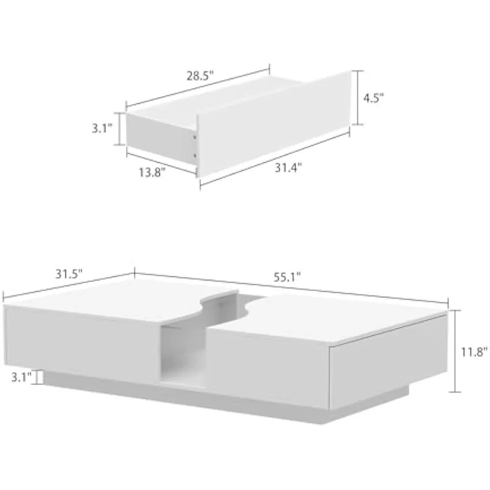 Modern Coffee Table with 2 Drawers & Tempered Glass Top, Tea Table with LED Lights & Remote Control, Rectangular Center Table