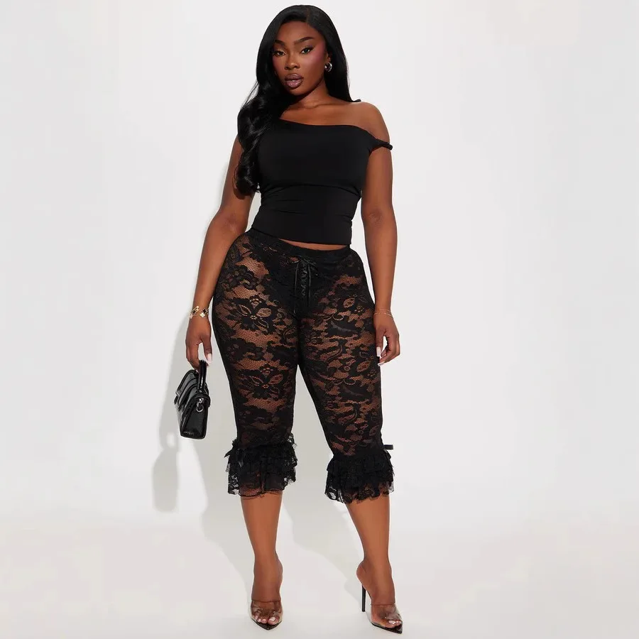 Women Lace Shorts Slim Casual Mesh Sheer See-Through Elastic Waist Trousers Side Split Tie-up Shorts Streetwear