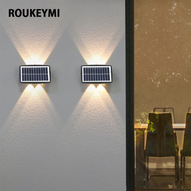 ROUKEYMI Solar Panel Wall Lamps Outdoor Up Down Patio Gardern Solar Panel Sconces Modern Building Waterproof Exterior Led Lights