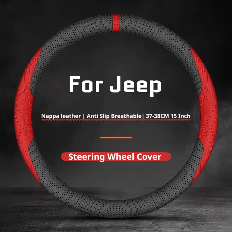 New For Jeep Wrangler Gladiator Grand Cherokee Compass Renegade Napa Leather Non‑Slip 15Inch Car Steering Wheel Cover Auto Decor