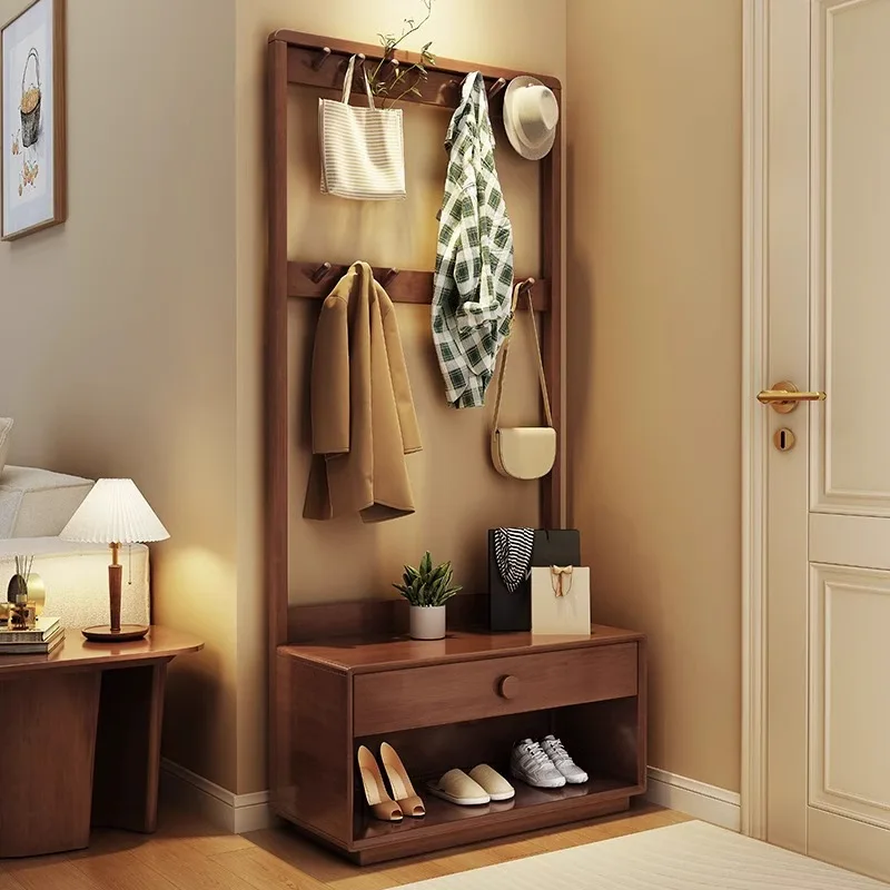 Solid wood coat rack floor-to-ceiling household bedroom shoe changing stool full-length mirror hanging hanger integrated