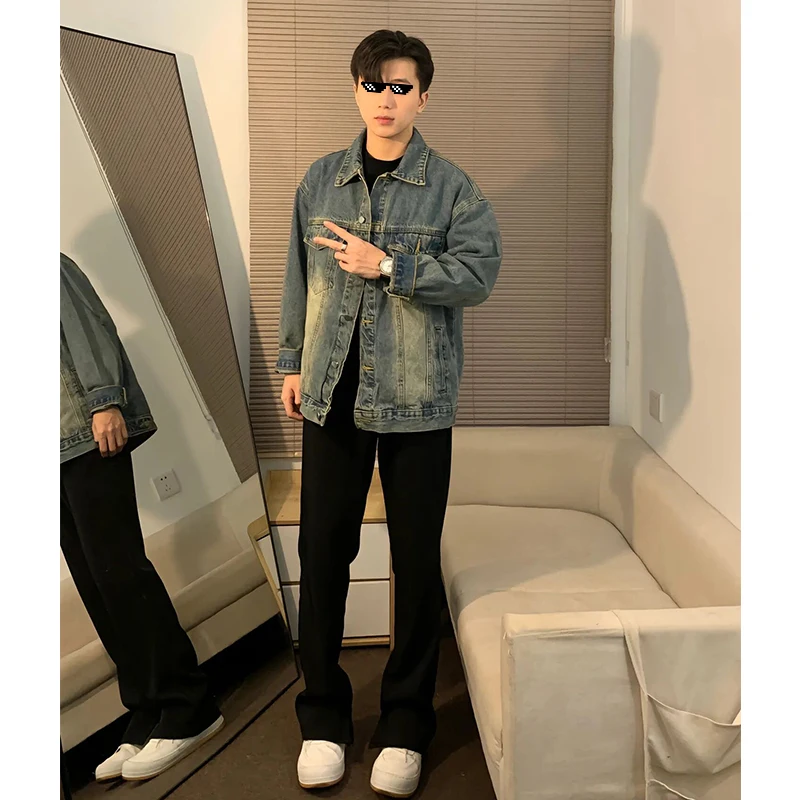 

Синяя мужская джинсовая куртка для весны и осени: стильная, удобная, молодежная, свободного кроя, с длинными рукавами, верхняя одежда