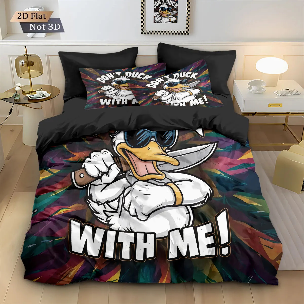 3pcs Cool And Cute Cartoon Duck Print Coreless Duvet Cover Set, Multi Size Bedroom Bedding Decoration, Comfortable Machine Wash