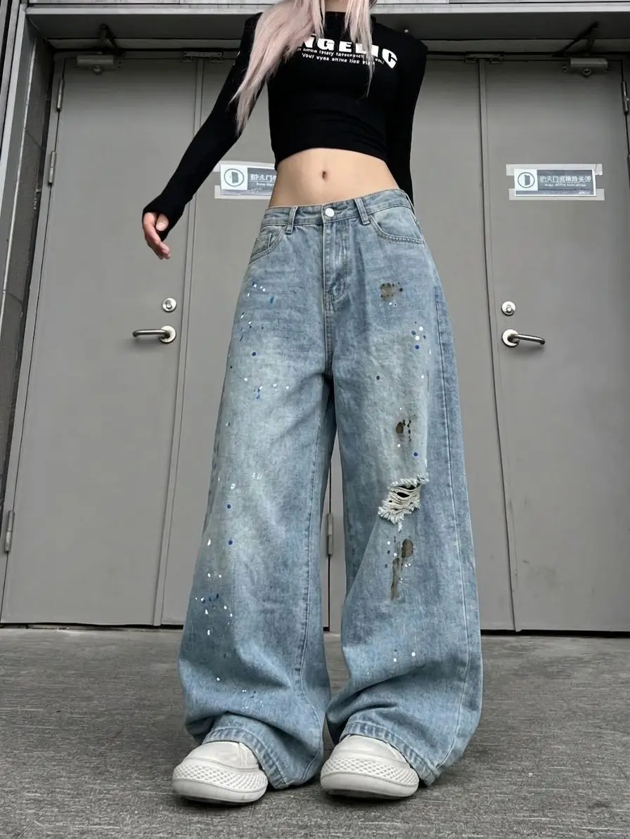 Women's Splashed Ink Ripped Blue Jeans 90s Casual Wide Leg Denim Pants Cool Girl Bottoms Female High Waist Baggy Trousers