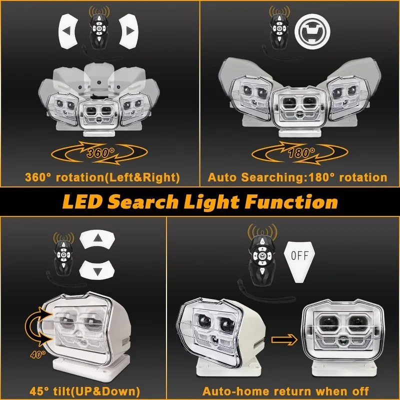 LED Search Light Wireless Remote Control 360°Rotating Automatic Search Spotlight with Strong Magnetic Base Permanent Mount for B