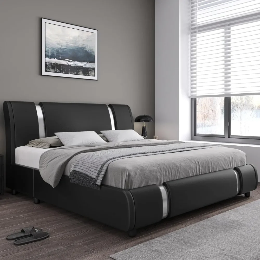 

Modern Faux Leather Upholstered Platform Bed Frame with Metal Decoration Headboard, Wooden Slats Support